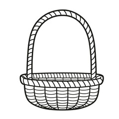 Empty wicker basket with large handle outlined for coloring book on white background