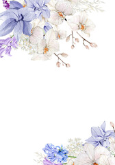Violet floral wedding banner watercolor with hand drawn boho flower, orchid, wildflowers. Spring elegant garden flowers frame very peri color trandy - 482405468