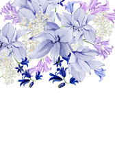 Fototapeta na wymiar Blue floral wedding banner watercolor with hand drawn boho flower, orchid, wildflowers. Spring elegant garden flowers frame very peri color trandy