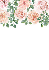Blush floral wedding banner watercolor with hand drawn boho flower, rose, peony, eucalyptus branches. Spring elegant garden flowers frame stock illustration