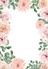 Blush floral wedding banner watercolor with hand drawn boho flower, rose, peony, eucalyptus branches. Spring elegant garden flowers frame stock illustration