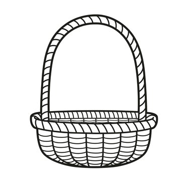 recommend clip art: Empty wicker basket with large handle outlined for coloring book on white background