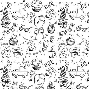 romantic seamless pattern for love holidays. Valentine's day, wedding, etc. Vector illustration in doodle style. In black and white
