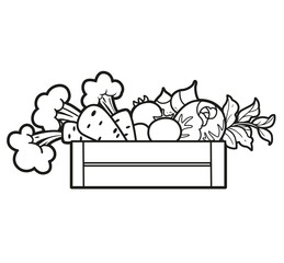 Wooden box of vegetables outlined for coloring page on white background