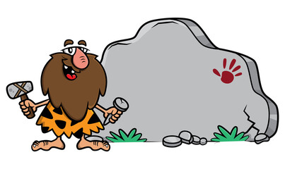 Cartoon illustration of caveman writing inscription in stone wall with hammer and chisel made of stones, best for mascot, logo, sticker, and decoration with stone age themes