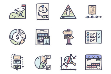Management strategy color vector doodle simple icon set