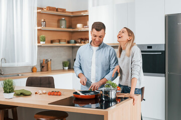 Preparing dinner. Couple at home on the modern kitchen