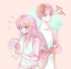 スマホに夢中になる彼女に怒っている男性