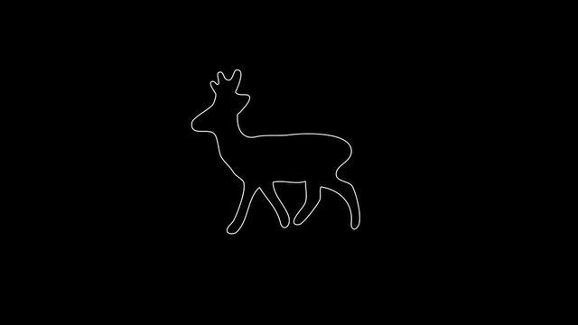white linear deer silhouette. the picture appears and disappears on a black background.