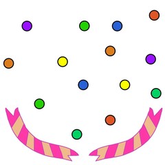 pink striped ribbons at the bottom.  colorful balls