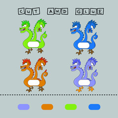 worksheet vector design, the task is to cut and glue a piece on colorful  monsters.  Logic game for children.