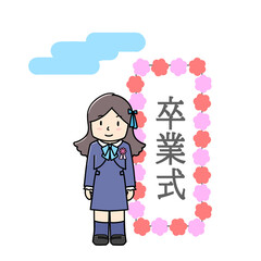 卒業式を迎えた女の子　青空の下の記念写真