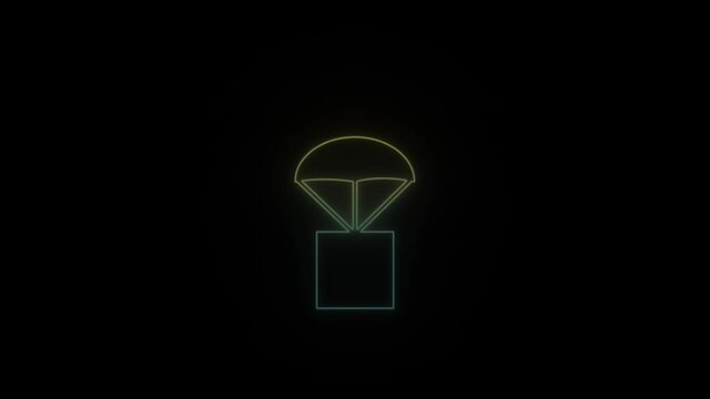 Glowing neon parcel with a parachute on black background. 4K video for your project.