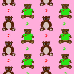 Seamless pattern of cartoon bears on a pink background. cute toy teddy bears pattern, design for kids