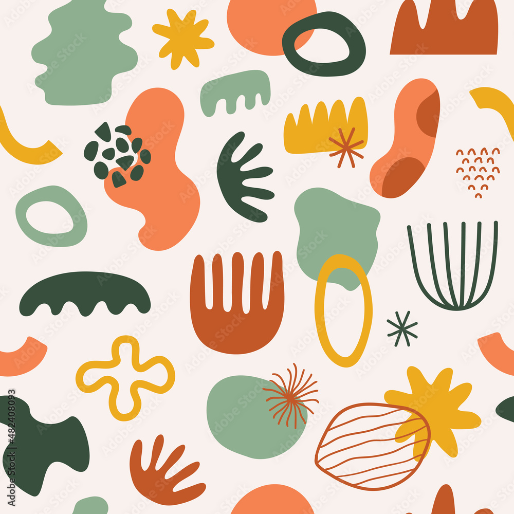 Poster abstract seamless pattern with colorful organic shapes, lines, doodles and elements. modern natural 
