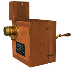 3D Rendering Illustration of an 1890s Lumière Brothers Cinematographe Prototype; with wooden body, metal components, lens, mirrors, objetive, crank, capable of capturing and projecting moving images.
 - obrazy, fototapety, plakaty