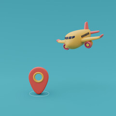 Yellow airplane with  location pin ,Online travel and tourism planning concept,holiday vacation,Ready for travel.3d render.