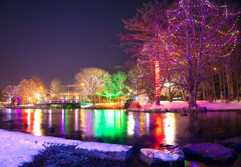 Christmas lights along the pond in the park