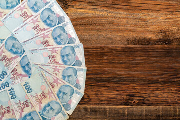 A lot of Turkish lira banknotes. Turkish economy, exchange rate, stock market, financial news concept.