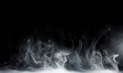 Panoramic view of the abstract fog. White cloudiness, mist or smog moves on black background. Beautiful swirling gray smoke. Mockup for your logo. Wide angle horizontal wallpaper or web banner.