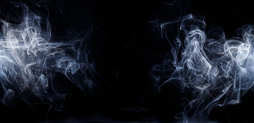 Panoramic view of the abstract fog. White cloudiness, mist or smog moves on black background. Beautiful swirling gray smoke. Mockup for your logo. Wide angle horizontal wallpaper or web banner.