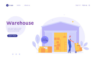 Fototapeta na wymiar Warehouse worker with stack of boxes. Man loader carrying boxes. Courier delivering parcels. Concept of warehouse exterior, logistic industry, delivery service. Vector illustration for landing page