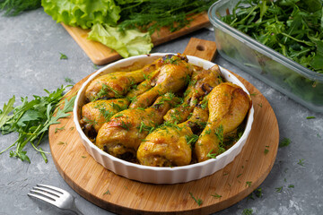 Fried tasty chicken drumstick served in white bawl with spices
