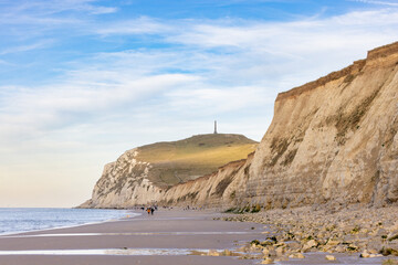 Seascape of the opal coast of Cap Blanc Nez, showing the Monument at Cape white Nose France on top of the chalk cliffs. High quality photo - obrazy, fototapety, plakaty