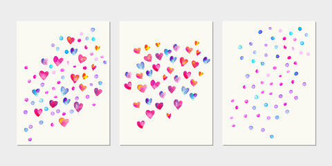 Hand drawn watercolor card with heart shapes and dots texture