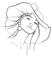 Portrait of a beautiful girl with fashion make up. Elegant lady in a wide-brimmed hat. Hand drawn illustration .Young woman image on white background.