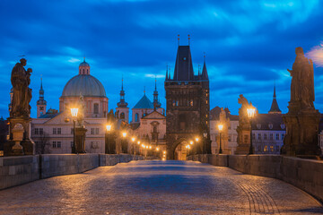 Empty Charles Bridge in Prague, Czechia at sunrise