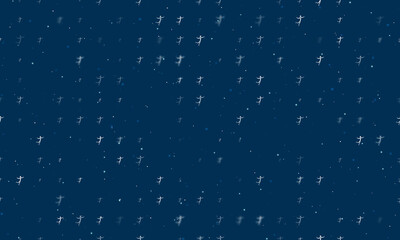 Seamless background pattern of evenly spaced white figure skating symbols of different sizes and opacity. Vector illustration on dark blue background with stars