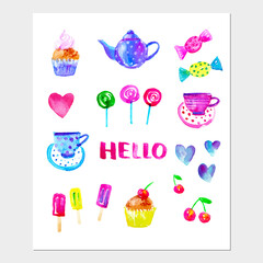 Sweet food and tea party background with hearts, teapot, cups, cupcake