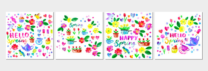 Spring season background with flowers, birds, hearts, teapot, cup, cake, candy