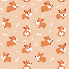 Corgi seamless pattern. Cute and happy welsh corgi puppies with bones and hand drawn textures. Funny dog characters. Vector background.