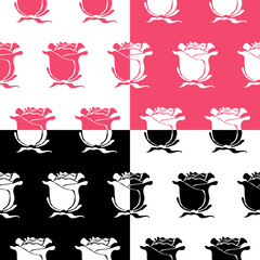 Vector set of beautiful floral monochrome patterns with rose buds silhouettes. Seamless textures in black, white and pink colors. Endless backgrounds. Botanical surface design.