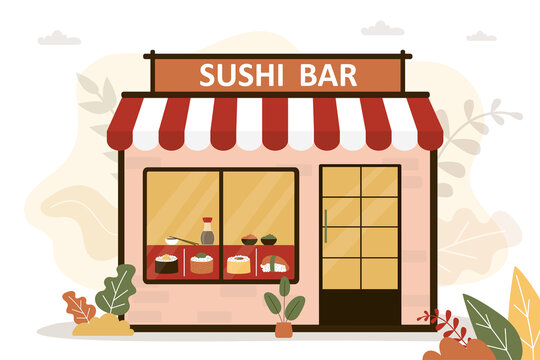 Facade of sushi bar building. Asian traditional cuisine in cafe. Japanese restaurant with variety of dishes