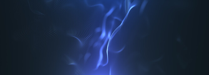 Blue particles wave background. Abstract dynamic mesh. Big data technology. landing page