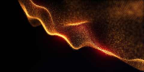 Gold particular wave bokeh light background. 3d render wave line dot bokeh background. gold light glowing effect particular background. landing page