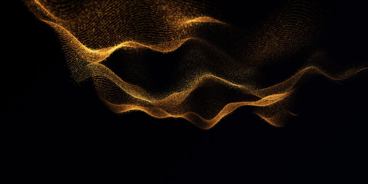 Gold particular wave bokeh light background. 3d render wave line dot bokeh background. gold light glowing effect particular background. landing page