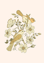 Vintage bird, butterfly and daisy flowers printable poster