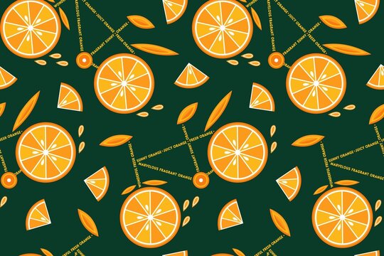 Seamless pattern with orange slices, bicycles with orange wheels and text. Deep green background. Concept of healthy, active lifestyle.