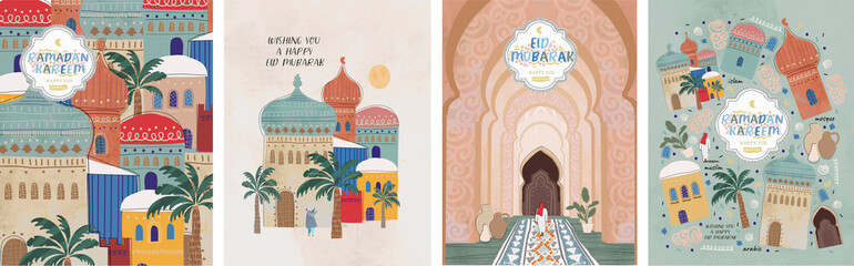 Ramadan Kareem! Eid Mubarak! Islamic holiday vector illustrations, Arabic architecture, mosque, pattern and background for a poster, congratulation or card