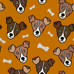 Seamless pattern with dogs and bones. Jack Russell Terrier muzzles