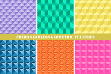 Set of colorful seamless geometric patterns. Decorative bright endless backgrounds. 3d endless vibrant textures