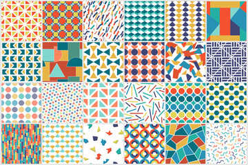 Collection of vector seamless color patterns - geometric design. Bright abstract fashion backgrounds, retro style 80 - 90s. Endless stylish mosaic tile textures