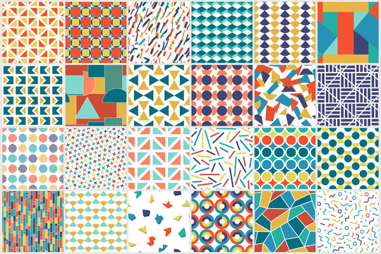 Collection of vector seamless color patterns - geometric design. Bright abstract fashion backgrounds, retro style 80 - 90s. Endless stylish mosaic tile textures