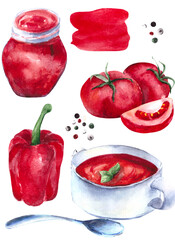A colorful collection with tomatoes, sweet peppers, ketchup in a jar and gazpacho. Watercolor vegetables and delicious dishes from them are collected in a set on a white background.