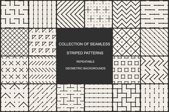 Collection of striped vector seamless geometric patterns - monochrome repeatable backgrounds. Beige endless linear textures, modern stylish prints