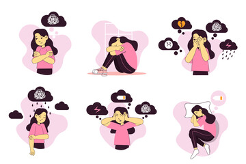 Illustraton of depression issue. Set of young girl have mental problems. Concept of kid's sorrow, alone and bad mood. Problems of teens